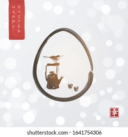 Easter greeting card in eastern style with little bird sitting on old teapot on white glowing background. Traditional oriental ink painting sumi-e, u-sin, go-hua. Hieroglyph - happiness, pure light