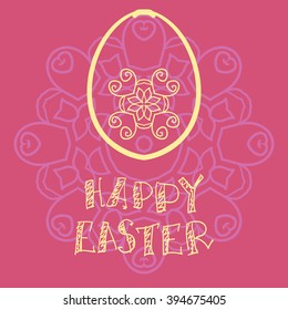 Easter greeting card with egg and abstract ornament. Pink color.  Holiday hand typography