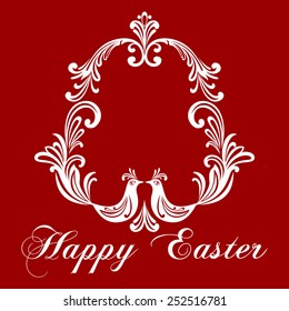 Easter Greeting Card with egg and birds. Vector illustration for your spring happy holiday design. White and dark  Red color. 