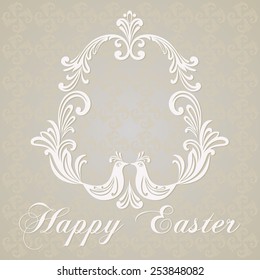 Easter Greeting Card with egg and birds. Vector illustration for your spring happy holiday design. White and  gray color. 