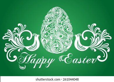 Easter Greeting Card with egg and birds. Vector illustration for your spring happy holiday design. White and green color. 