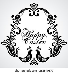 Easter Greeting Card with egg and birds. Vector illustration for your spring happy holiday design. White and Black color. 