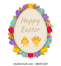Easter greeting card with Easter egg, chicken and floral frame on white background. Perfect for spring invitation and holiday decoration. Vector illustration.