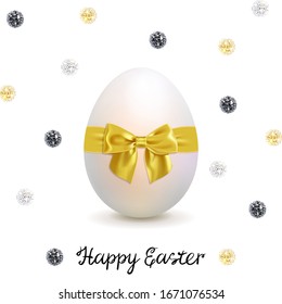 easter greeting card with easter egg decorated golden bow on a white background