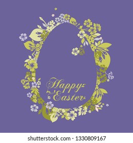Easter Greeting Card with egg in flowers . Vector illustration for your spring happy holiday design. 