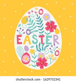 Easter greeting card with egg, flowers, herbs, leaves on yellow background. Scandinavian style. Perfect for holiday spring decorations