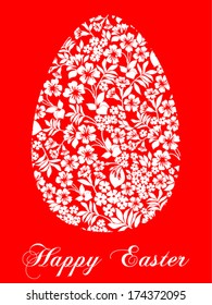 Easter Greeting Card with egg in flowers on white background. Vector illustration for your spring happy holiday design. White and Red color. 