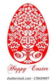 Easter Greeting Card with egg in flowers and birds on white background. Vector illustration for your spring happy holiday design. White and Red color.