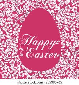 Easter Greeting Card with egg in flowers on white background. Vector illustration for your spring happy holiday design. White and Pink color. 
