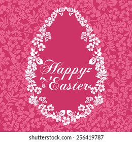 Easter Greeting Card with egg in flowers . Vector illustration for your spring happy holiday design. White and Pink color. 