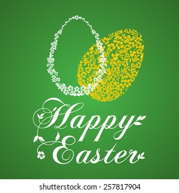 Easter Greeting Card with egg in flowers . Vector illustration for your spring happy holiday design. 