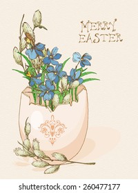 Easter greeting card with egg, flowers on beige background. Merry easter poster. Pussy willow twigs