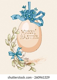 Easter greeting card with egg, flowers on beige background. Merry easter poster. Pussy willow twigs