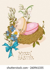 Easter greeting card with egg, flowers on beige background. Merry easter poster. Pussy willow twigs