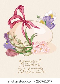 Easter greeting card with egg, flowers on beige background. Merry easter poster. Pussy willow twigs