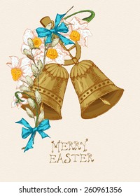 Easter greeting card with egg, flowers on beige background. Merry easter poster. Pussy willow twigs
