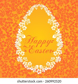 Easter Greeting Card with egg in flowers . Vector illustration for your spring happy holiday design. 