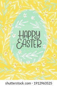 Easter greeting card with egg frame, tiny flowers, Happy Easter greeting and spring foliage vector background.
