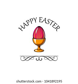 Easter greeting card. Easter egg in egg holder. Egg on stand. Vector illustration. Swirly ornate frame.