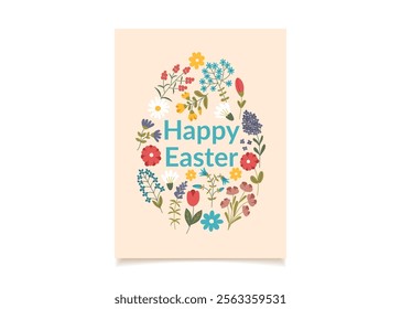 Easter greeting card. Easter egg made of flowers. Vector poster in flat style.