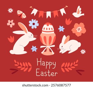 Easter greeting card with an egg on a stand and cute rabbits celebrating Easter