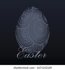 Easter greeting card. Egg with ornament. Wave ornament. In dark tones