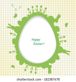 Easter greeting card with egg, rabbit, bird, butterfly, tulip, vector