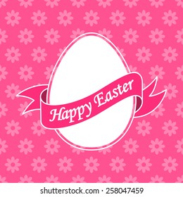 Easter greeting card with Easter egg with ribbon over seamless floral background