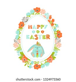 Easter greeting card with  egg shape, holiday lettering cute rabbit and flowers  on white background.  Perfect for holiday invitation 