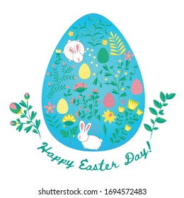 Easter greeting card in the egg shape with flowers and rabbts. Religious holiday vector illustration for poster, flyer. Decorating eggs with flowers. Congratulations on the holiday. Happy Easter