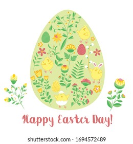 Easter greeting card in the egg shape with flowers and chikens. Religious holiday vector illustration for poster, flyer. Decorating eggs with flowers. Congratulations on the holiday. Happy Easter