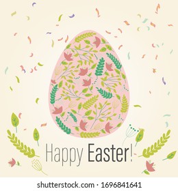 Easter greeting card in the egg shape with flowers. Religious holiday vector illustration for poster, flyer. Decorating eggs with flowers. Congratulations on the holiday. Happy Easter