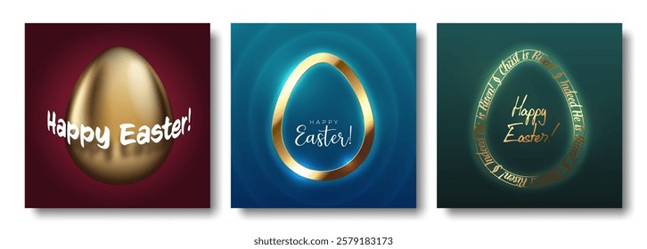 Easter greeting card with egg shape frame square social network post template set. Happy Easter, Christ He is risen lettering. Red, blue, green background with gold easter egg greeting card post