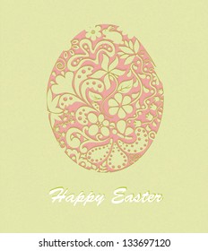 Easter greeting card with egg silhouette, with flowers, a bunny and a butterfly