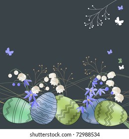 Easter greeting card with eggs ans spring flowers