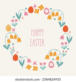 Easter greeting card with eggs and blooming flowers on white background. Perfect for spring holidays and decorations. Hand drawn frame, wreath