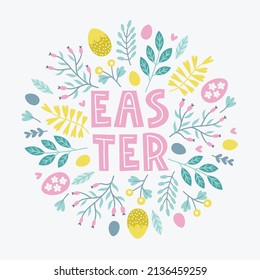 Easter greeting card with eggs, branches, leaves, berries on white background. Circle ornament. Perfect for spring and summer holidays. 