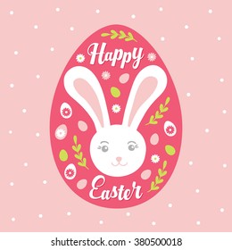Easter greeting card with eggs, branches and bunny in big pink egg. Perfect for season greetings and spring holidays. Vector illustration