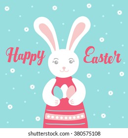 Easter greeting card with eggs and bunny on blue floral background. Perfect for season greetings and spring holidays. Vector illustration