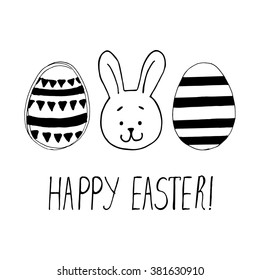 Easter greeting card with easter eggs and bunny face doodles. Hand lettering. Vector illustration