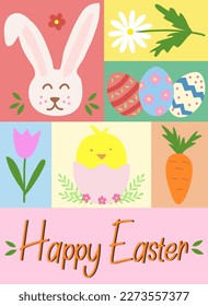 Easter greeting card with eggs, chick, bunny, carrot and flowers, vertical doodle style vector