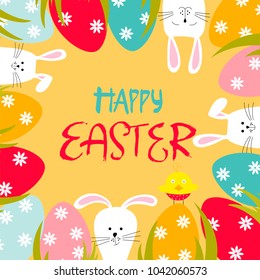 Easter greeting card with eggs, chickens, bunnies and lettering  Happy Easter. Vector illustration.