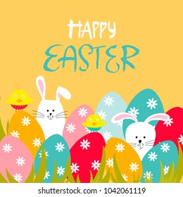 Easter greeting card with eggs, chickens, bunnies and lettering  Happy Easter. Vector illustration.