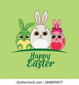 easter greeting card with eggs decorated with rabbits