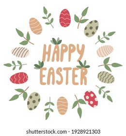 Easter greeting card with eggs decorated with patterns and branches with leaves. Hand drawn vector illustration isolated on white. Happy Easter lettering.