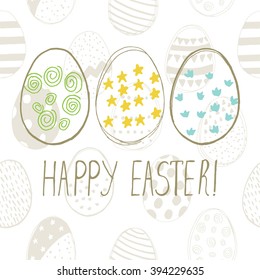 Easter greeting card with easter eggs doodles in bright colors. Hand lettering. Vector illustration