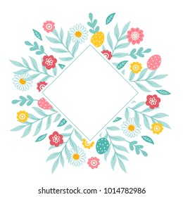 Easter greeting card with eggs, flowers, chamomile, branches and rhombus blank label. Perfect for holiday and spring invitations
