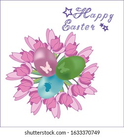  Easter greeting card with eggs, flowers and with paschal lettering. Spring poster for Easter congratulations.
Vector graphics
