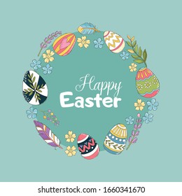 Easter greeting card with eggs and flowers. Vector illustration