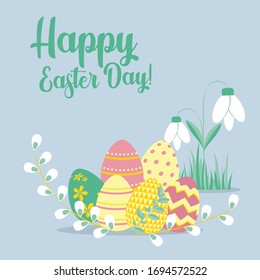 Easter greeting card with eggs and flowers. Vector illustrations for a poster, card, invitation or banner. Congratulations on the holiday. Religious holiday vector illustration. Happy Easter